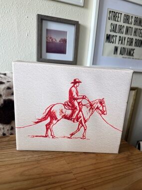New Red illustrated Cowboy on Horse Wall Art Canvas 8x10” western decor